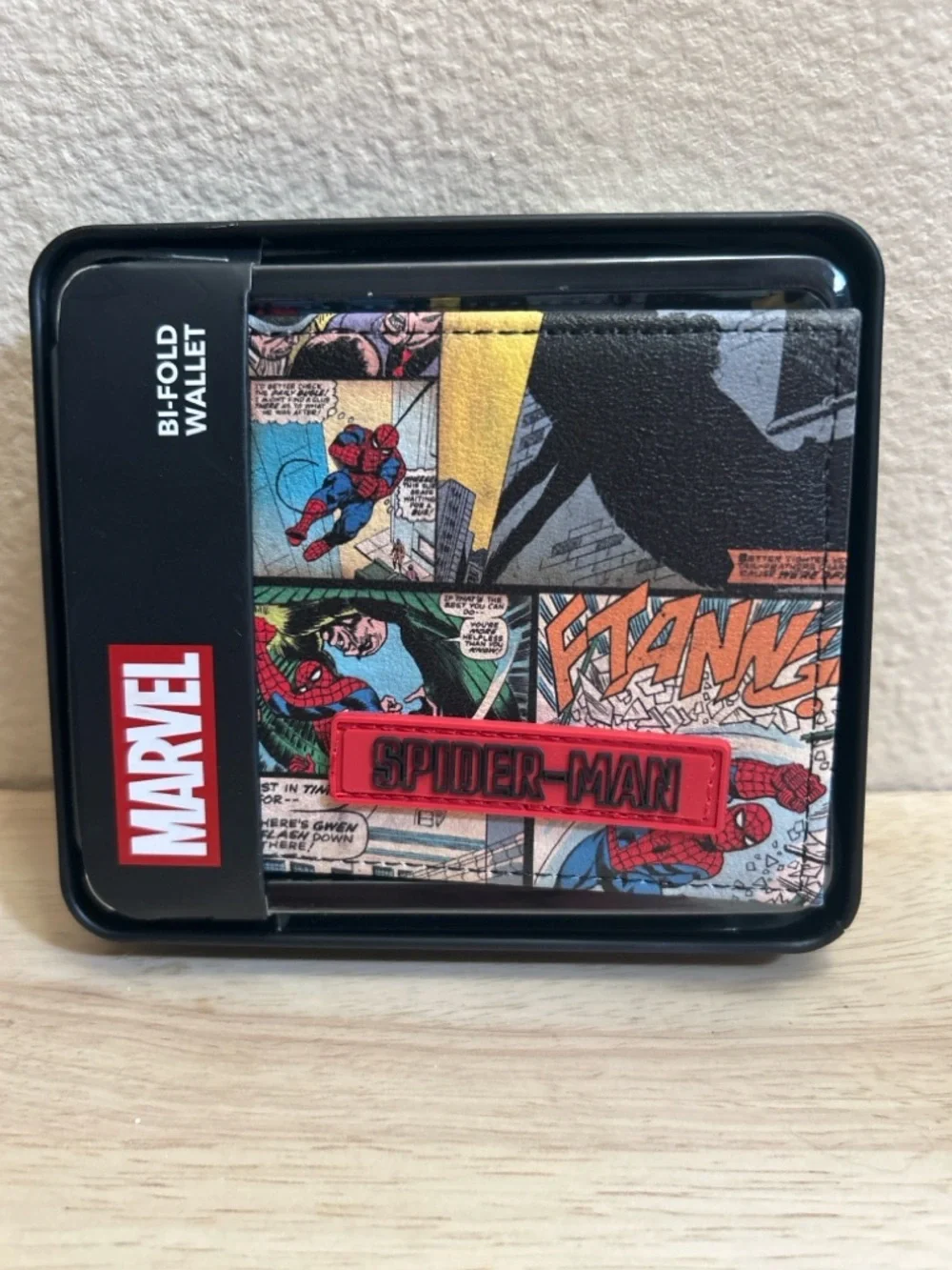 Marvel Spider-Man Comic Patch Bifold Wallet in Red, Yellow, Blue, Black